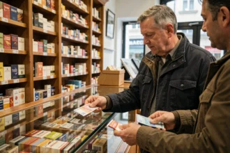 Client achetant un paquet de cigarettes dans un bureau de tabac au Luxembourg avec prix affichés en euros