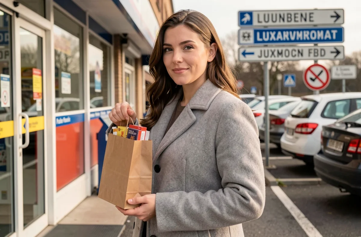 Femme portant des achats de cigarettes à la frontière franco-luxembourgeoise illustrant le tourisme d'achat transfrontalier