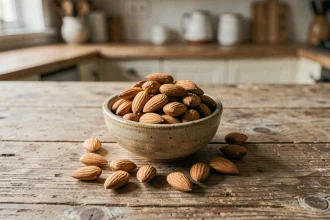 Bol en céramique rempli d'amandes entières crues sur une table en bois rustique, illustrant les calories et les bonnes graisses des amandes