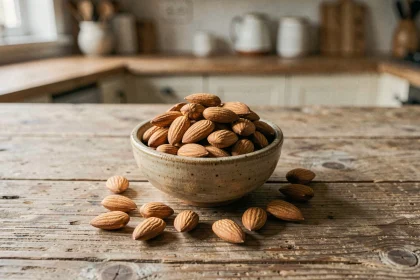 Bol en céramique rempli d'amandes entières crues sur une table en bois rustique, illustrant les calories et les bonnes graisses des amandes