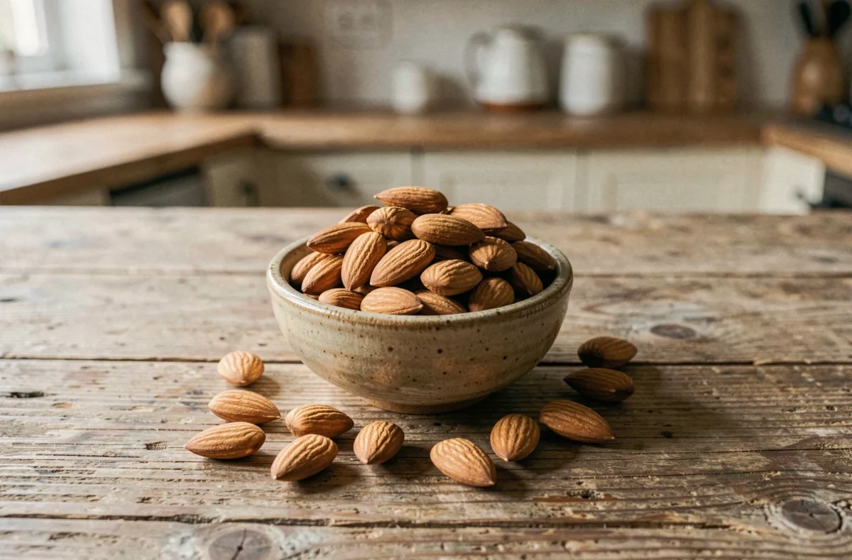 Bol en céramique rempli d'amandes entières crues sur une table en bois rustique, illustrant les calories et les bonnes graisses des amandes