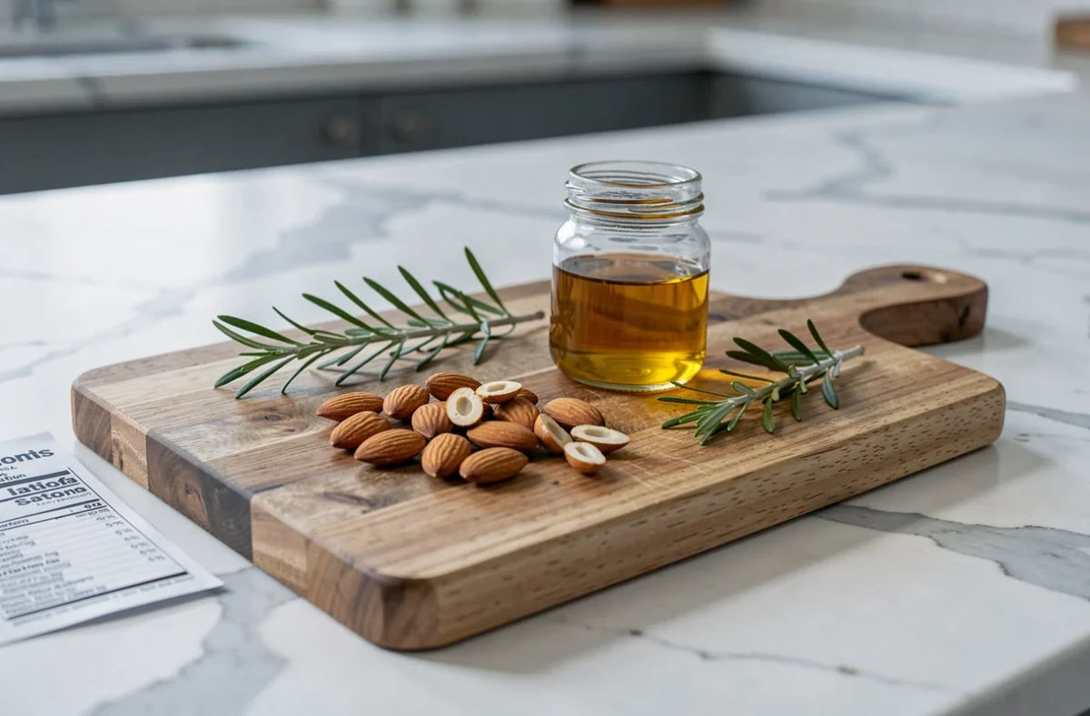 Plateau d'amandes entières et d'huile d'amande sur un comptoir en marbre, illustrant les nutriments et les graisses saines des amandes