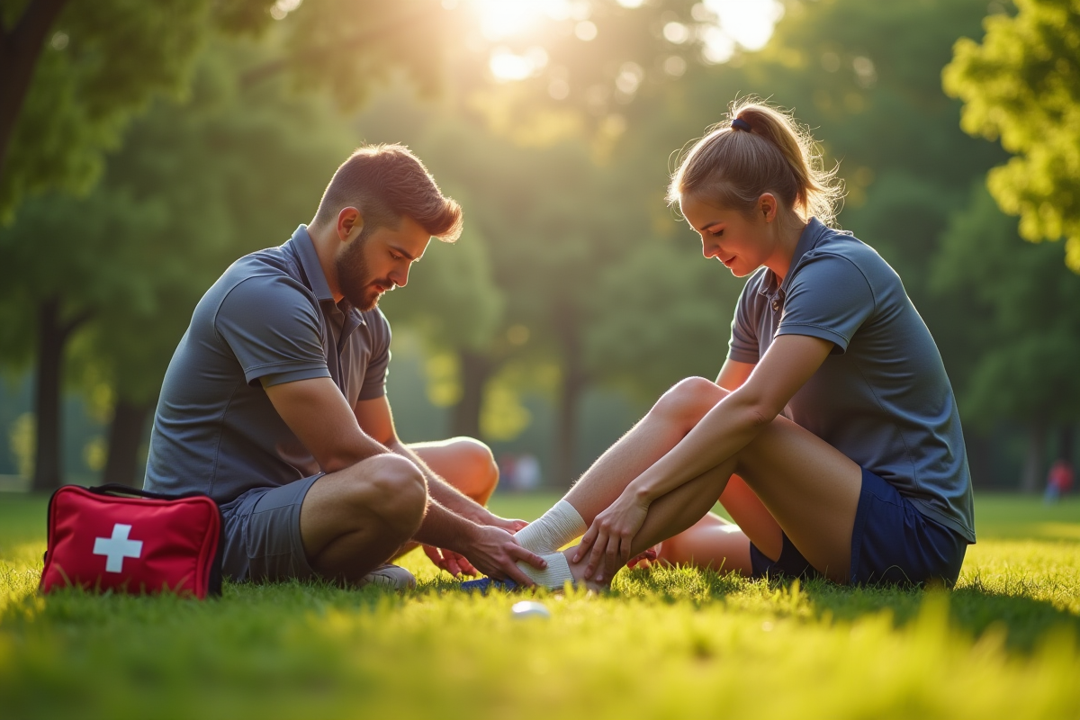 Personne appliquant un bandage à une cheville foulée dans un parc ensoleille