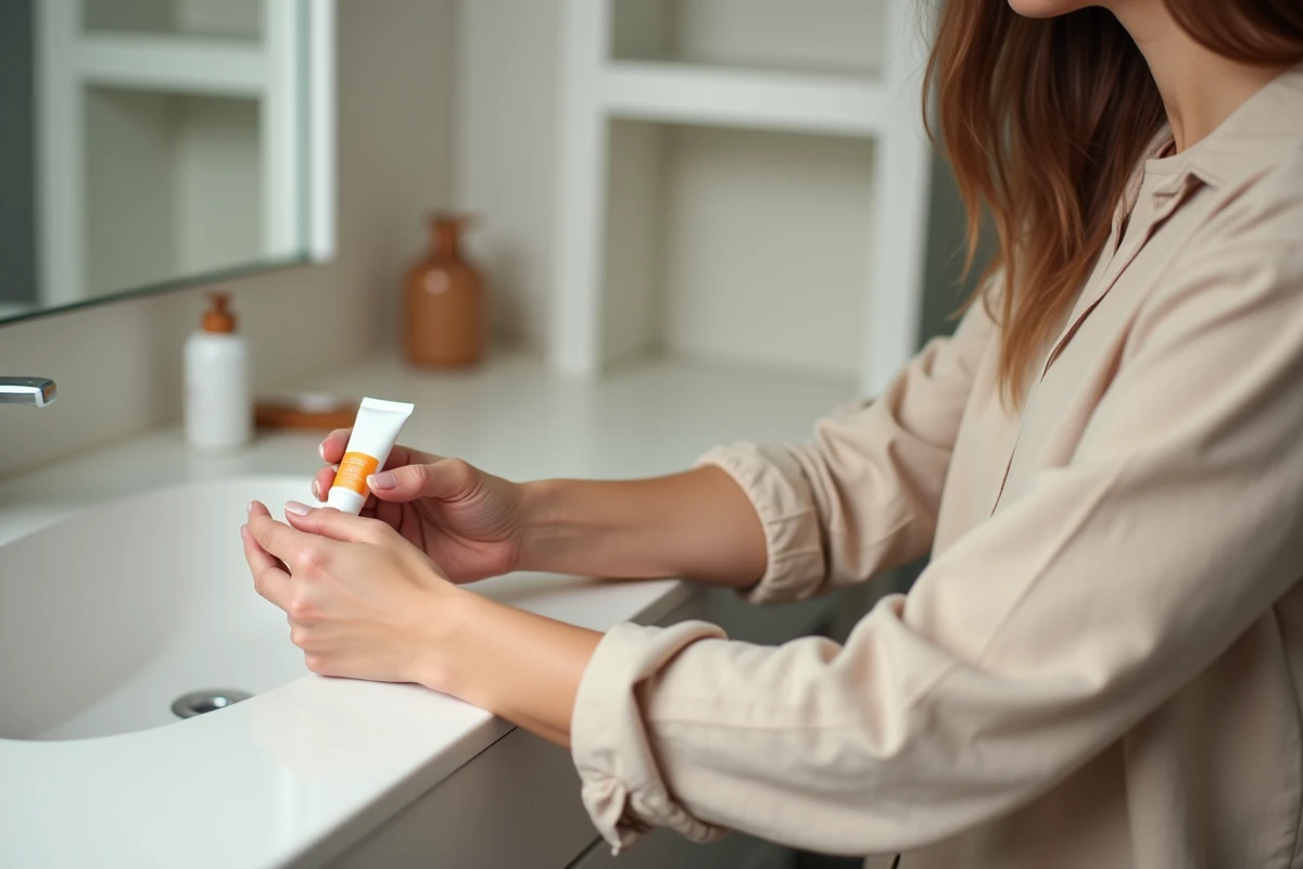 Femme appliquant la crème Ialuset sur son avant-bras dans une salle de bain épurée