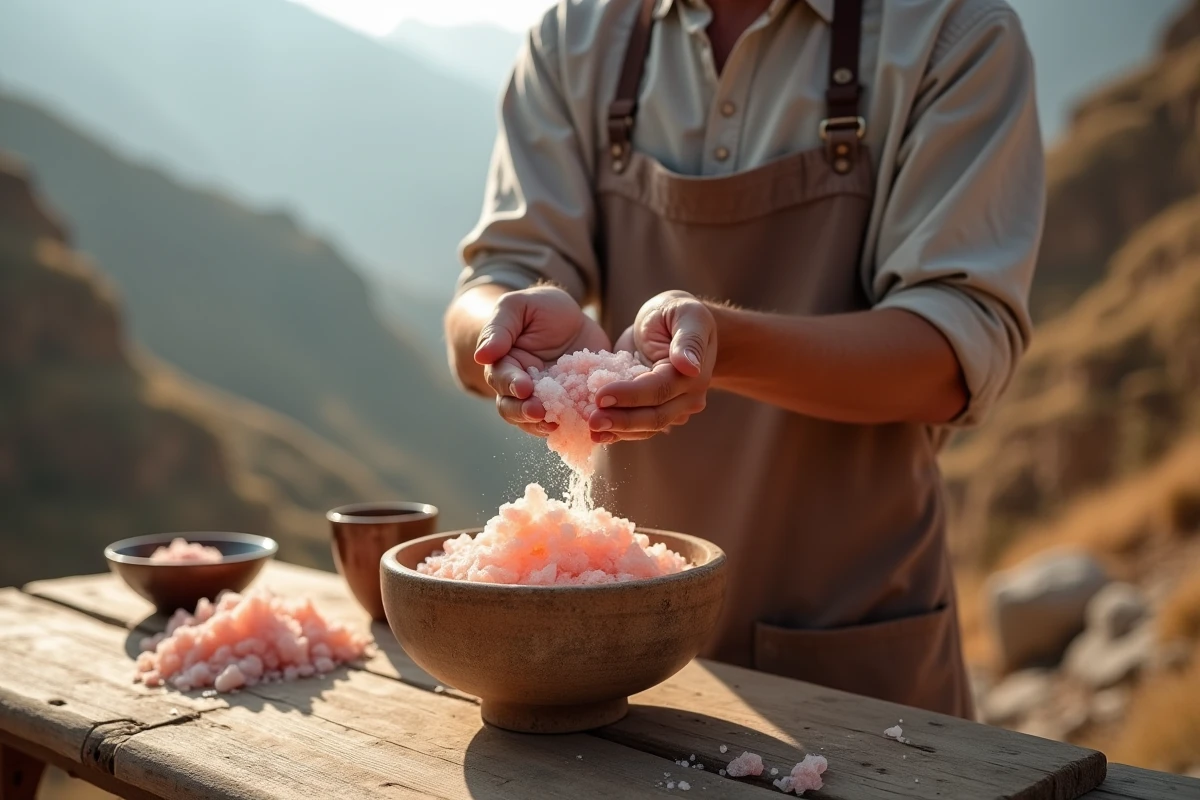 Artisan versant du sel rose dans un bol en céramique en extérieur