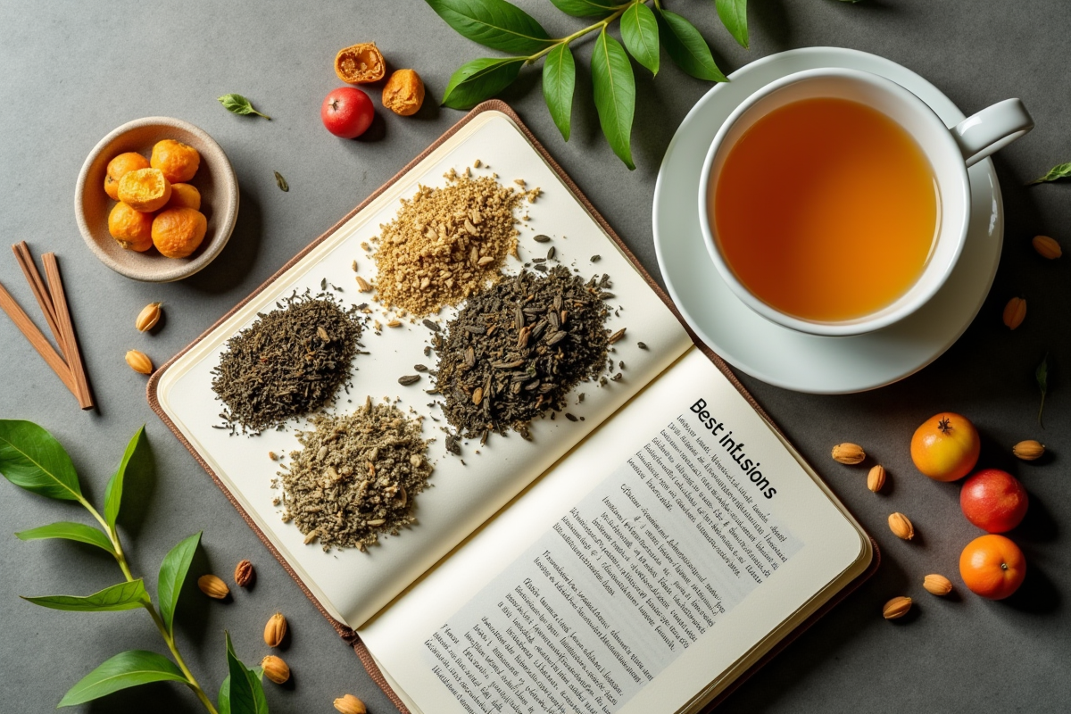 Vue du dessus de sachets et feuilles de tisane avec tasse fumante
