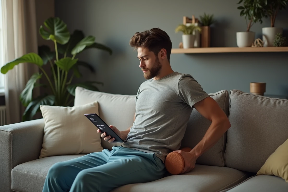 Jeune homme utilisant un rouleau de mousse dans un salon