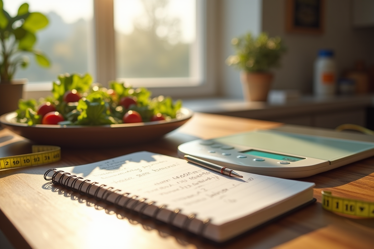 Table de cuisine avec balance numérique et salade saine