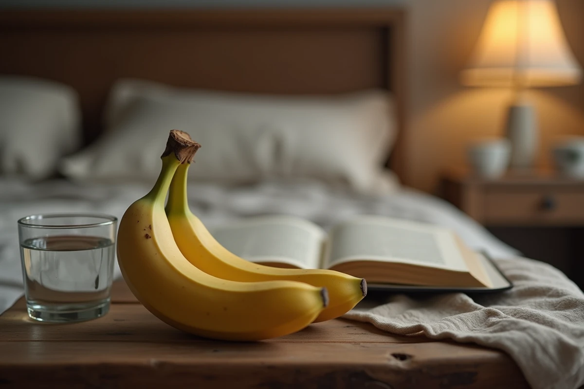 Banane mûre posée sur une table de nuit le soir dans une chambre apaisante