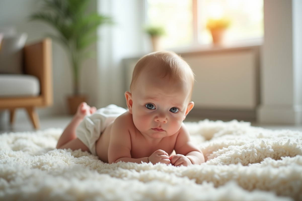 Bébé agité sur une couverture dans un salon lumineux
