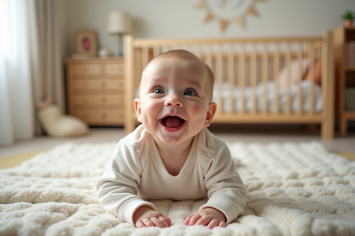 Bebe souriant dans un lit de nurserie douce