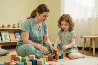 Ergothérapeute et jeune fille jouant avec des jouets sensoriels lors d'un bilan ergothérapie en pédiatrie