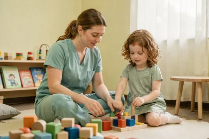 Ergothérapeute et jeune fille jouant avec des jouets sensoriels lors d'un bilan ergothérapie en pédiatrie