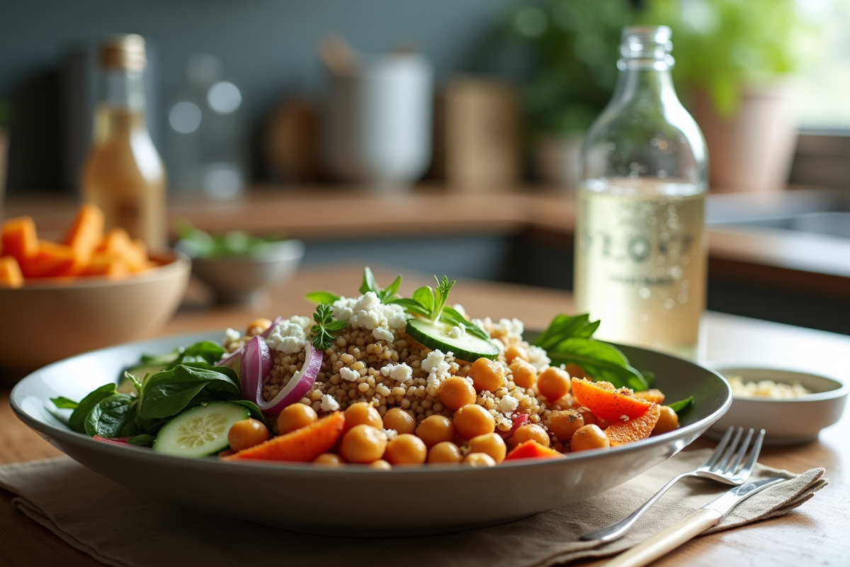 Bol méditerranéen avec pois chiches et légumes frais