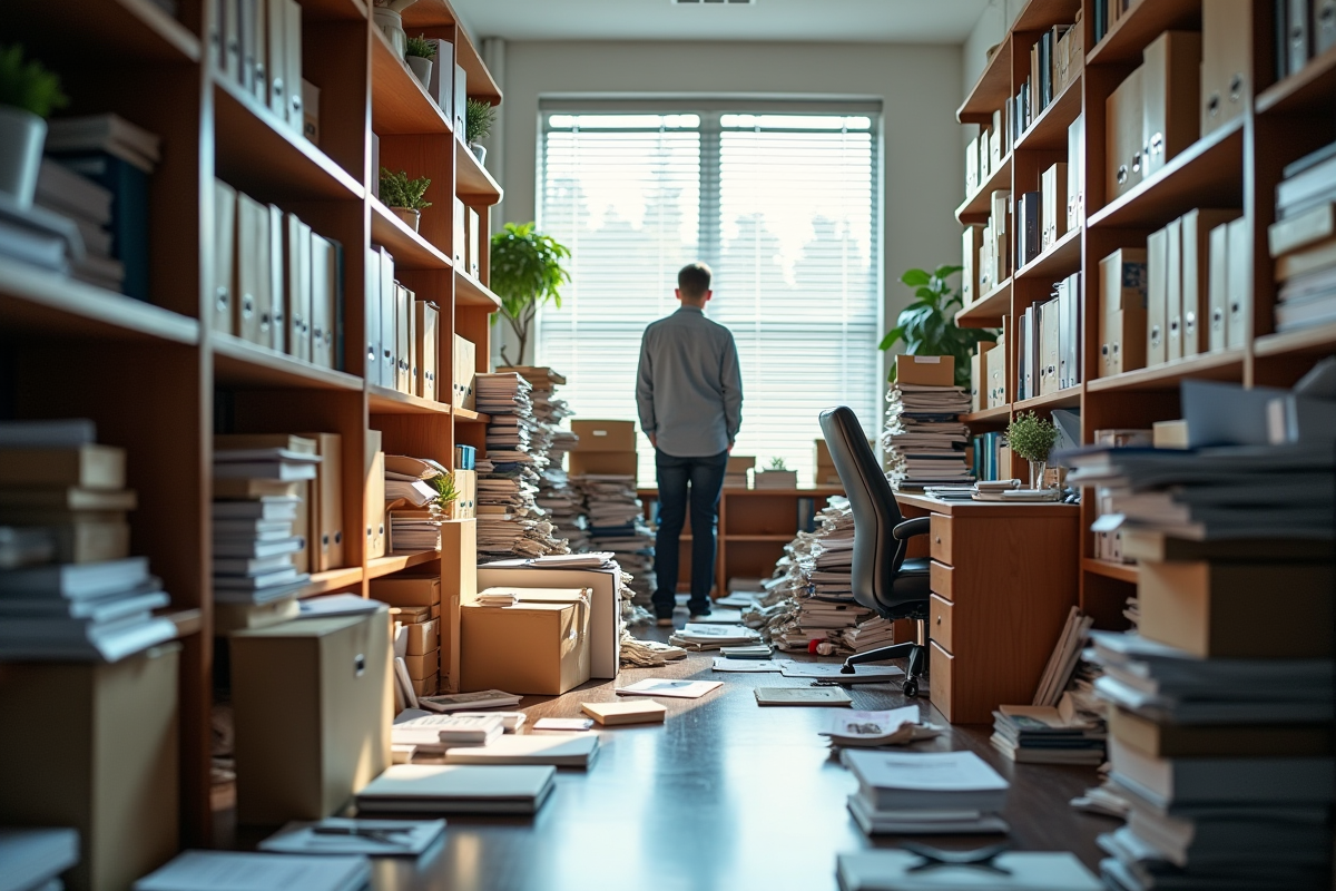 Bureau moderne avec rangement organisé et désordre visible en arrière-plan
