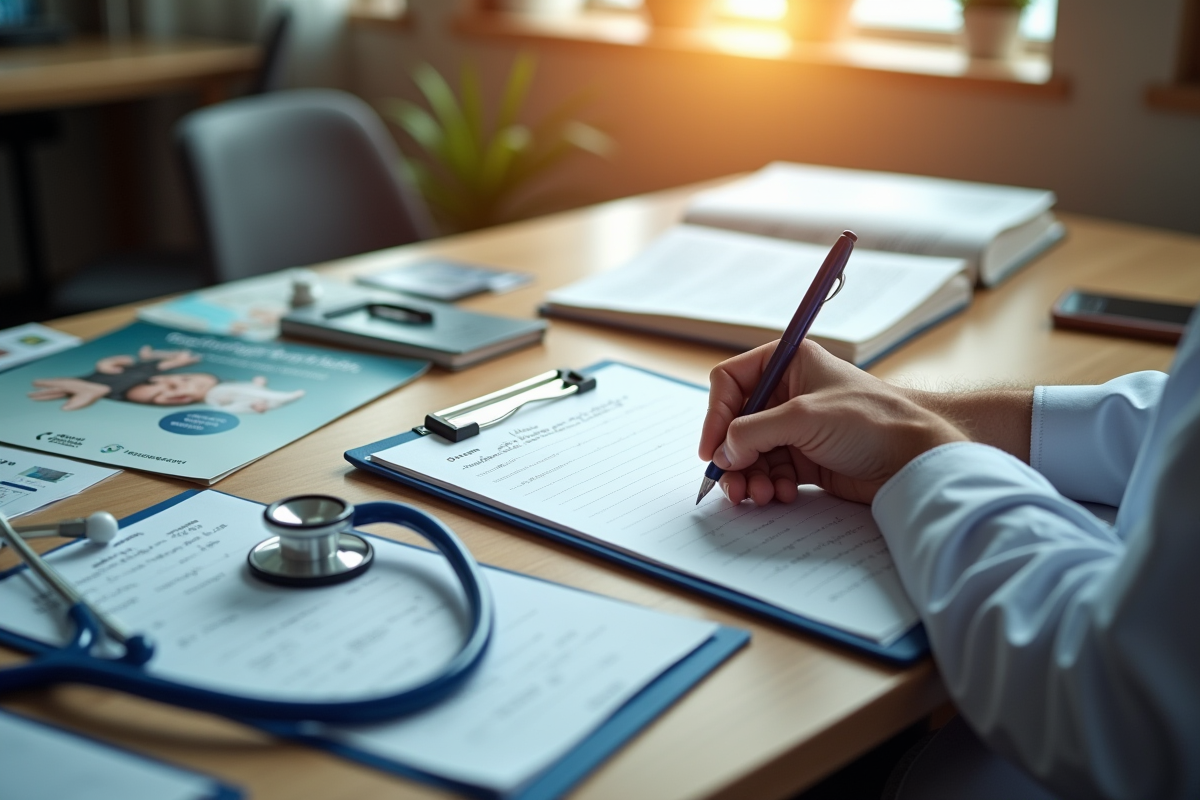 Main du psychiatre prenant des notes sur un clipboard dans son bureau