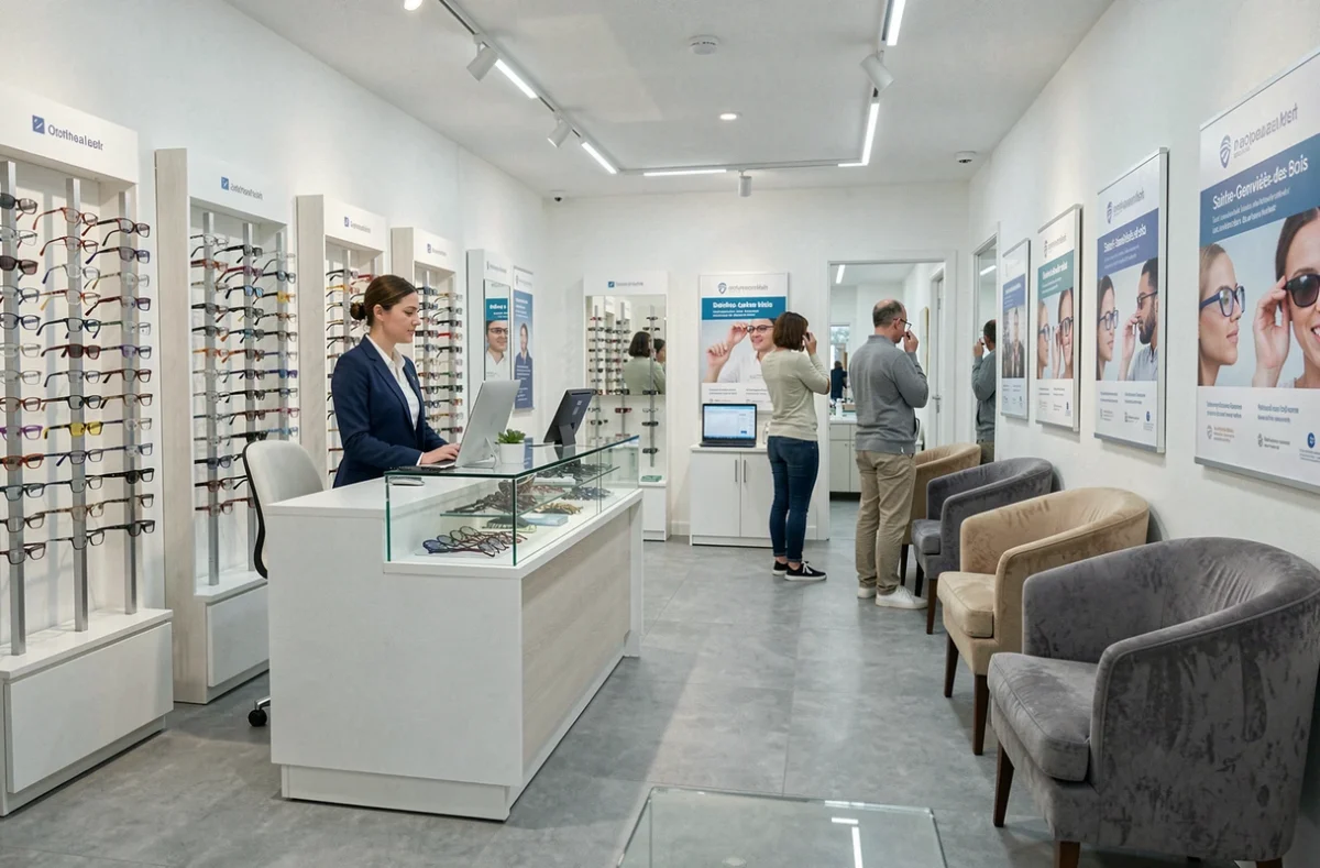 Intérieur du centre Cap'S Vision à Sainte-Geneviève-des-Bois avec optométriste et présentoir de lunettes