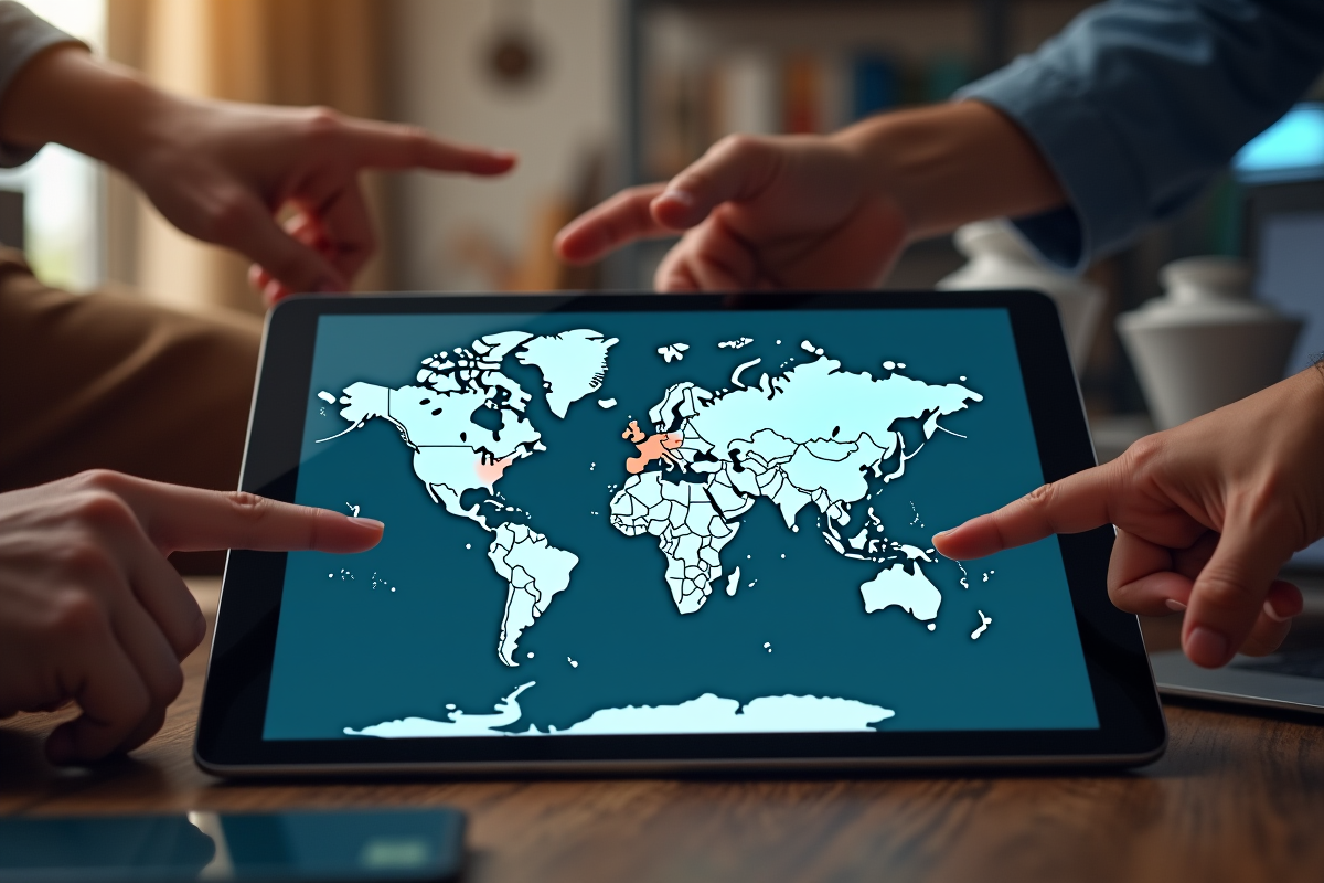 Carte du monde sur tablette avec zones de cholera et mains pointant