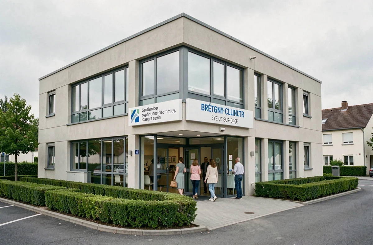 Façade du Centre Ophtalmologique de Brétigny-sur-Orge avec des patients à l'entrée