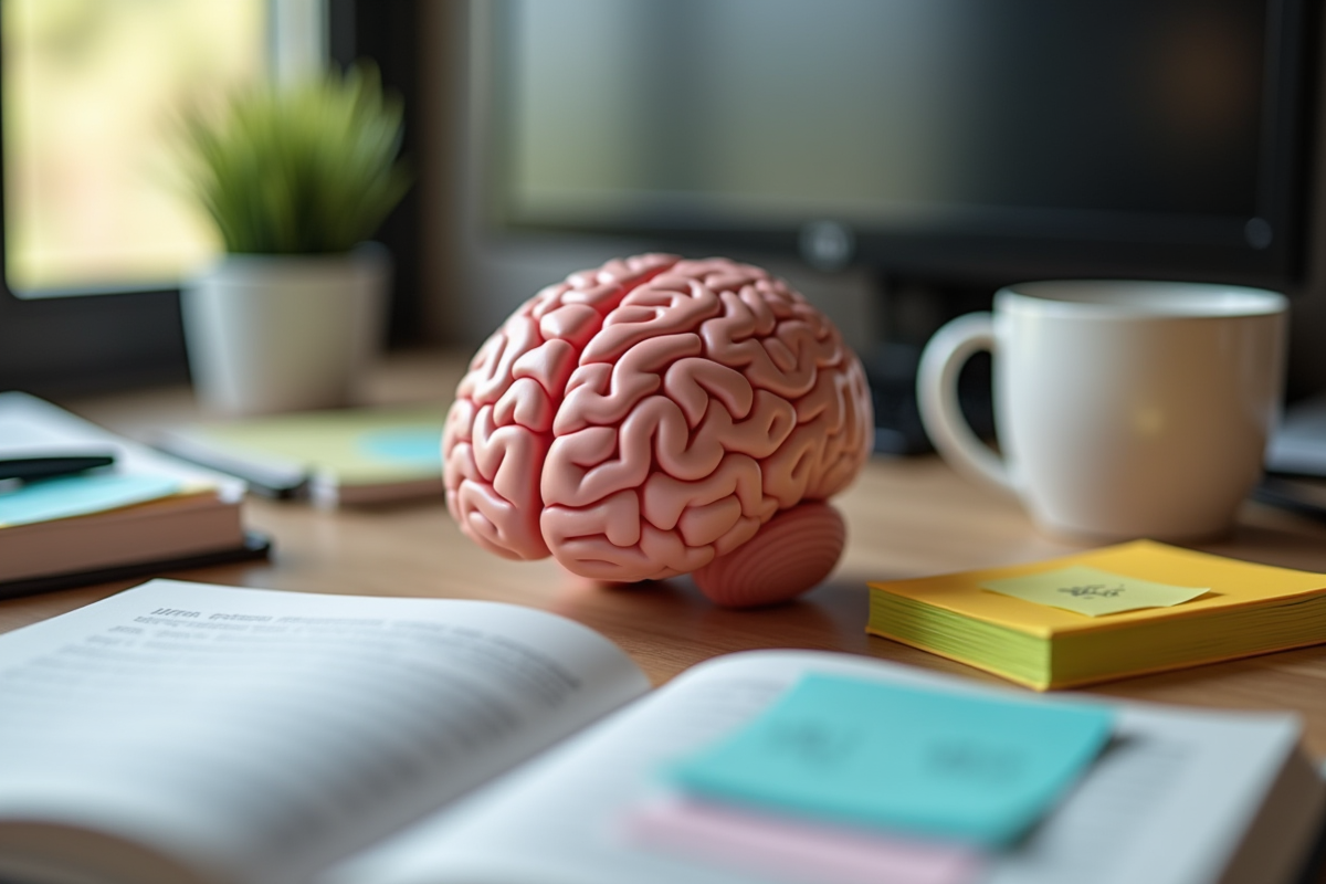 Modèle de cerveau sur un bureau avec livres et notes colorées