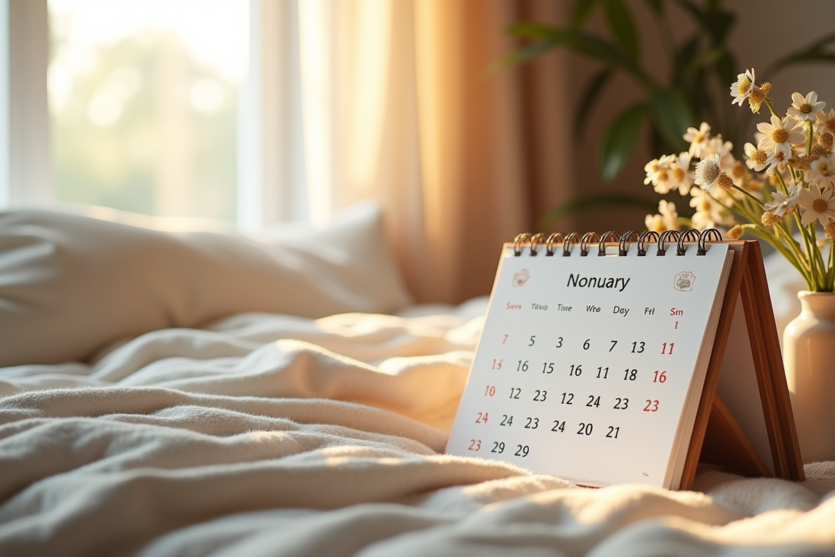 Chambre cosy avec calendrier de fertilite et bouquet de fleurs