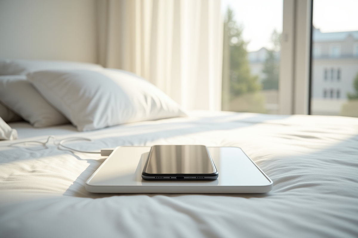 Chambre minimaliste avec smartphone sur support de charge