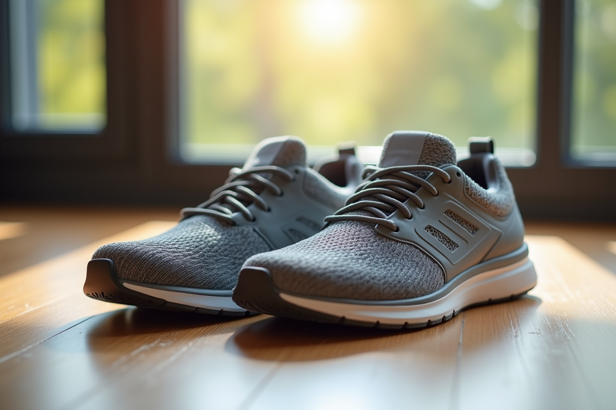 Détail de deux paires de chaussures orthopediques modernes sur un sol en bois