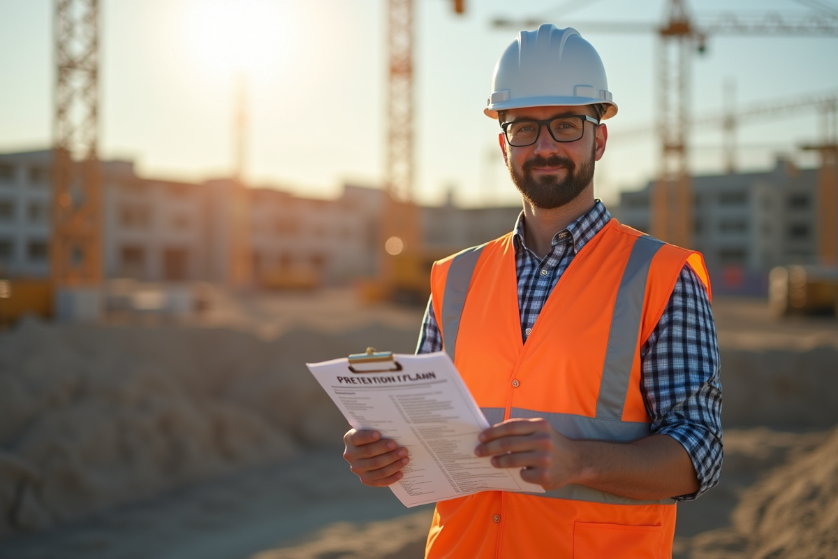Chef de chantier avec plan de prévention sur le site de construction