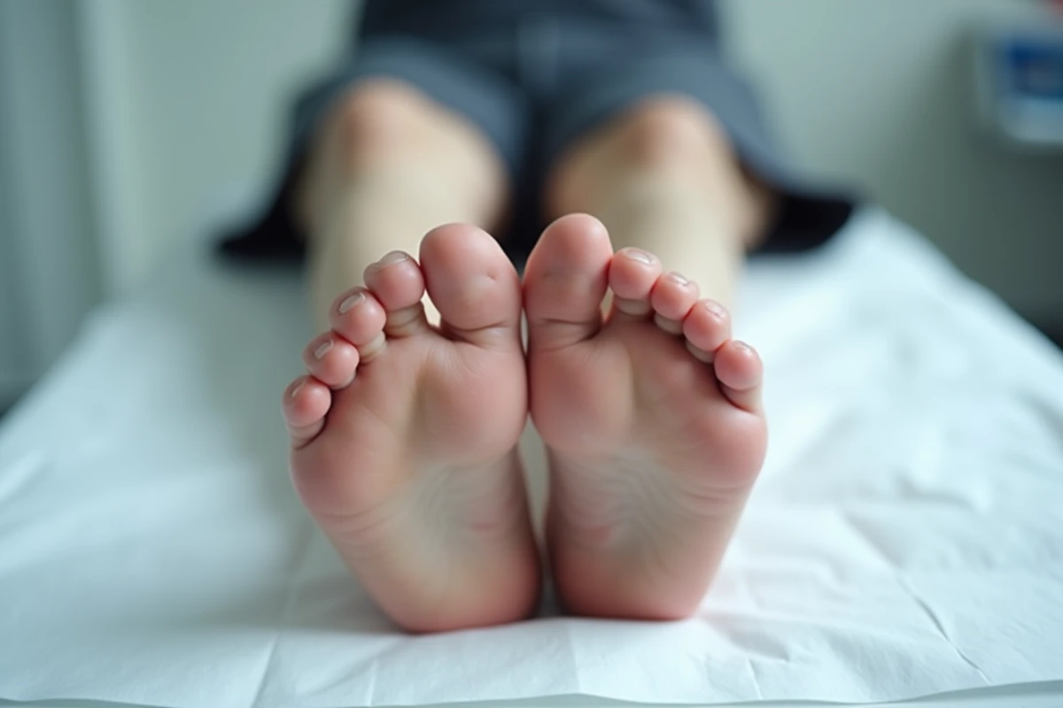 Gros plan de deux pieds posés sur une table d'examen médical, cheville droite gonflée comparée à la cheville saine