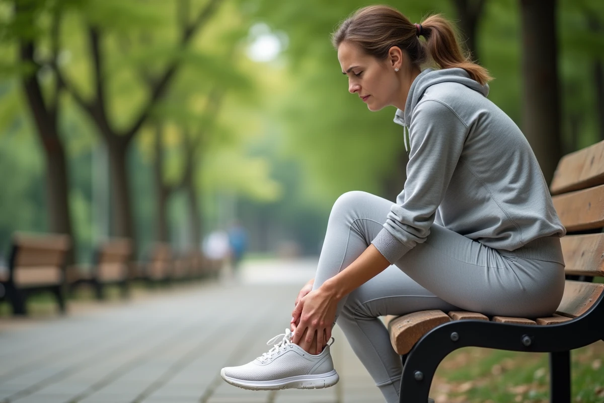 Femme assise sur un banc tenant sa cheville droite gonflée avec les deux mains, expression de douleur légère