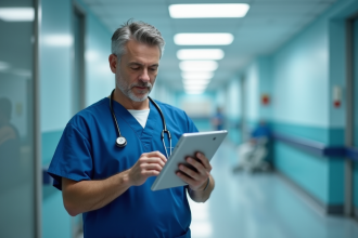 Chirurgien homme en blouse bleue dans un hôpital moderne