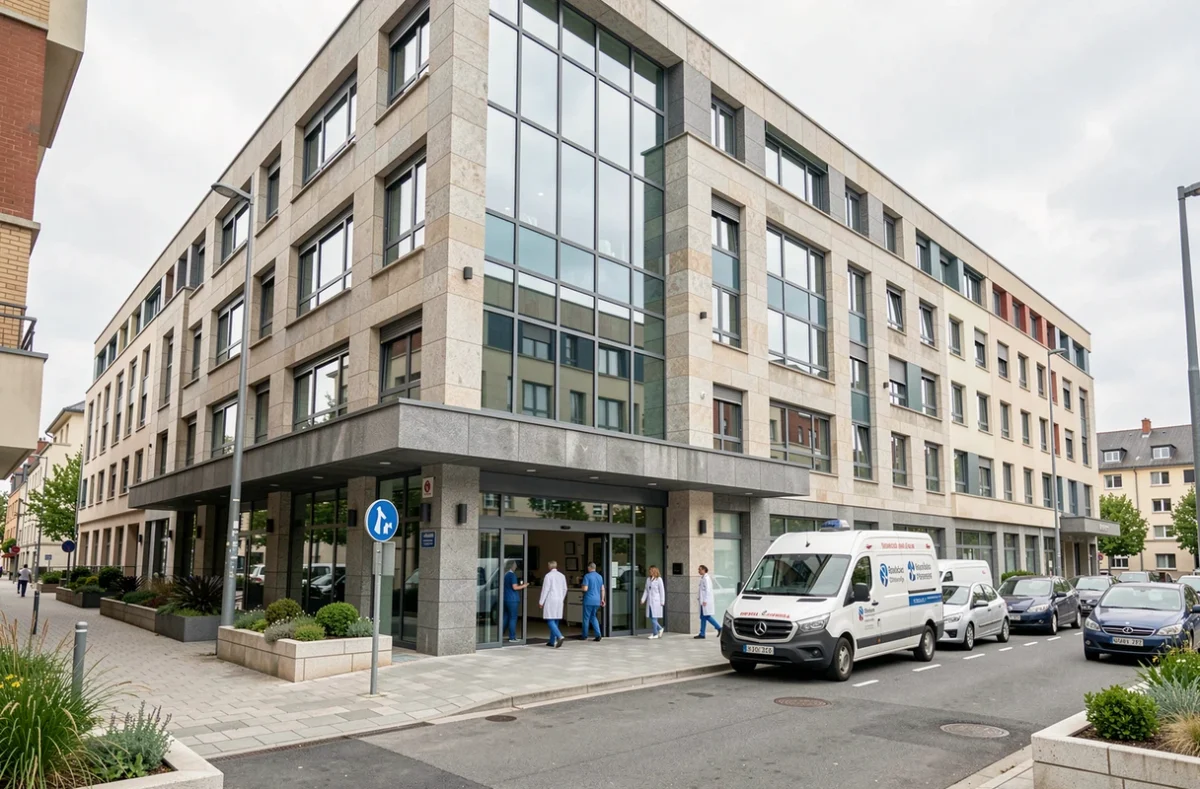 Façade de la Clinique de l'Essonne à Évry avec personnel médical et zone d'entrée principale