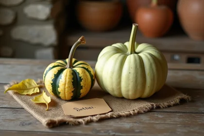 Coloquinte ornementale et courge comestible côte à côte sur une table en bois rustique pour identification comparative