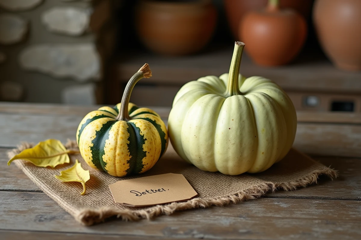 Coloquinte ornementale et courge comestible côte à côte sur une table en bois rustique pour identification comparative