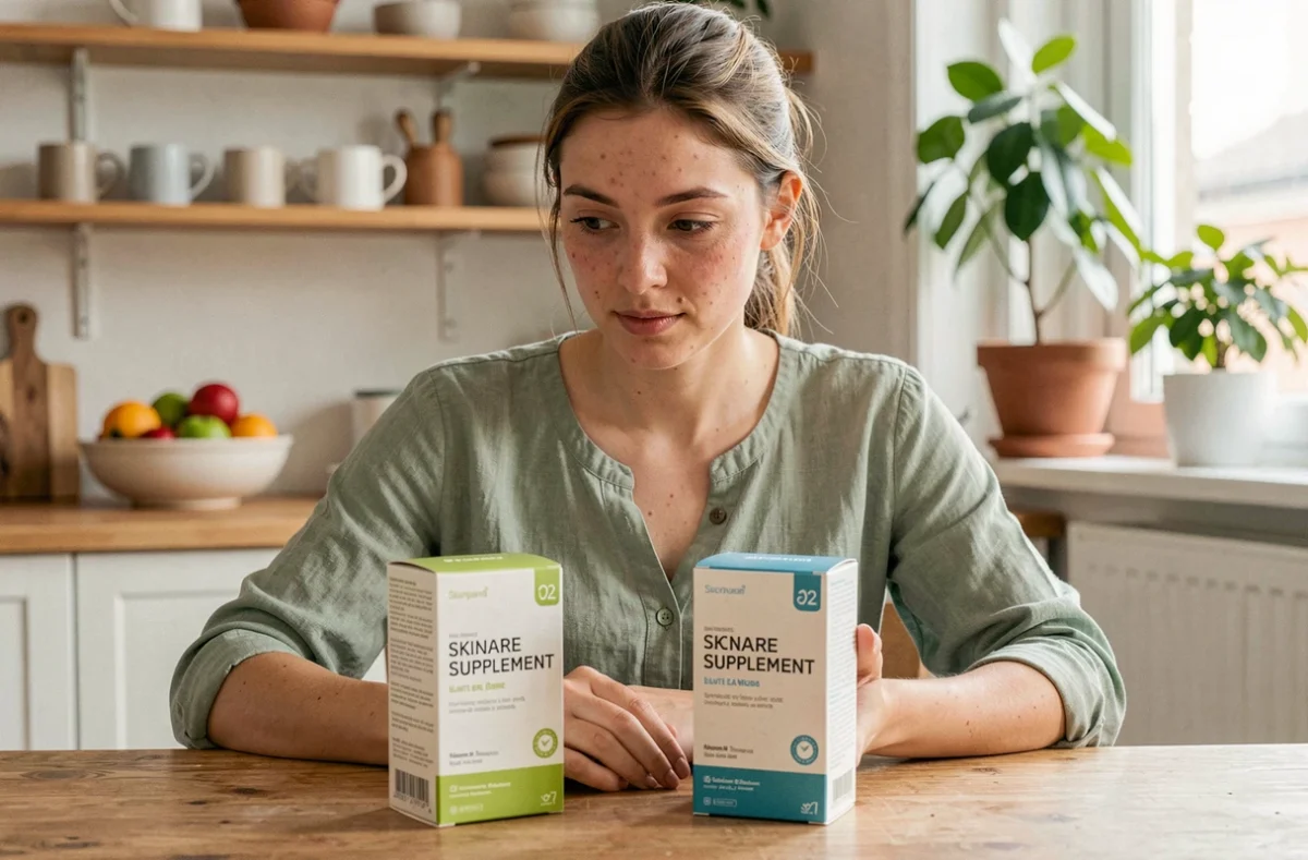 Jeune femme comparant des compléments alimentaires contre l'acné dans une cuisine moderne