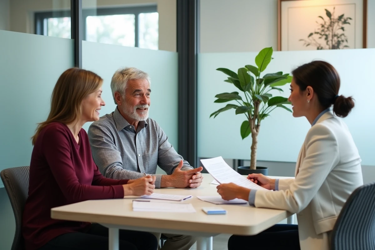 Couple discutant d'une offre de mutuelle familiale avec un conseiller en assurance santé dans un bureau moderne
