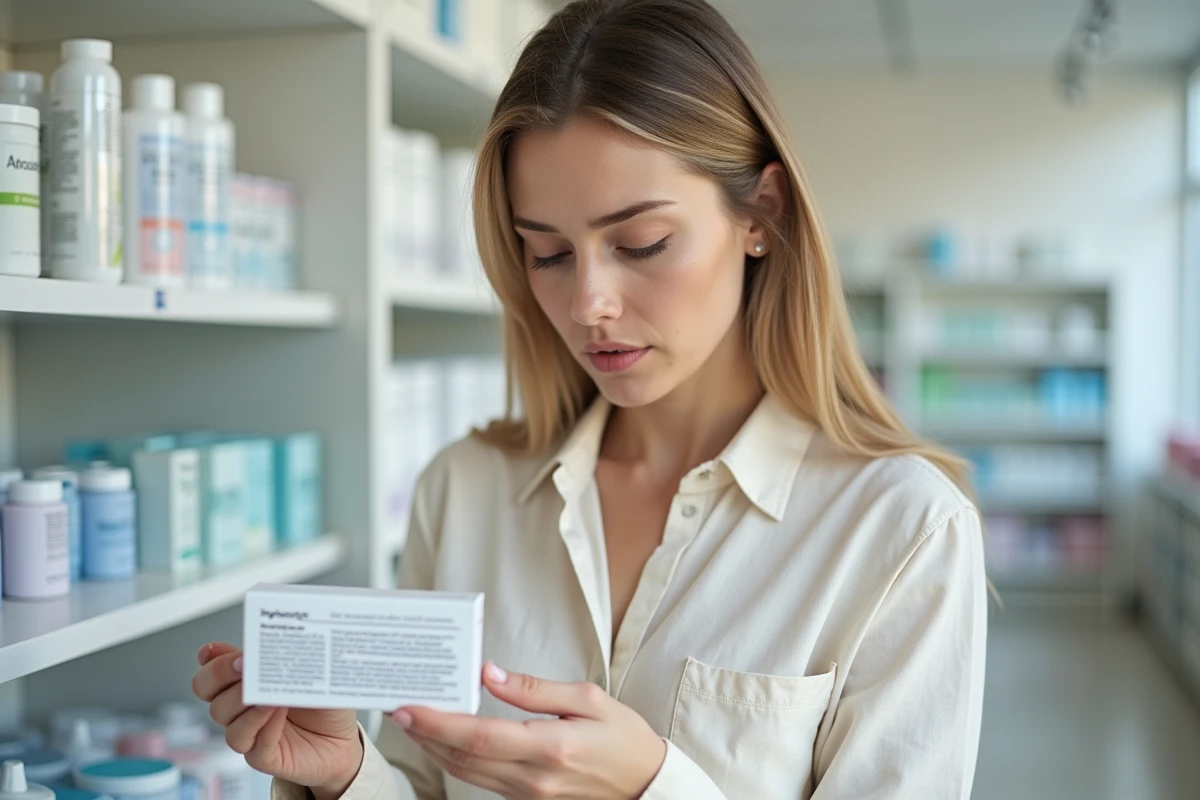 Femme lisant attentivement la liste des ingrédients d'un dentifrice bio en pharmacie