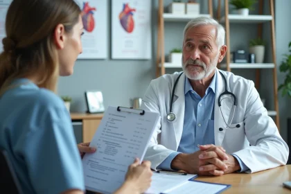 Consultation cardiologique entre un patient et une médecin spécialiste discutant des résultats d'un bilan cardiovasculaire