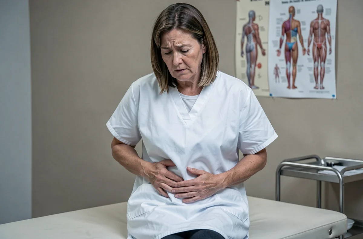 Femme en consultation médicale indiquant une douleur au côté gauche au médecin