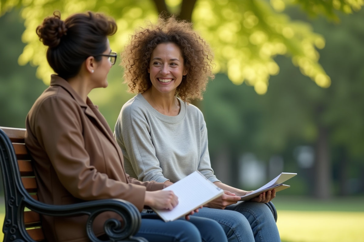 Femme souriante parlant avec un professionnel dans un parc ensoleille