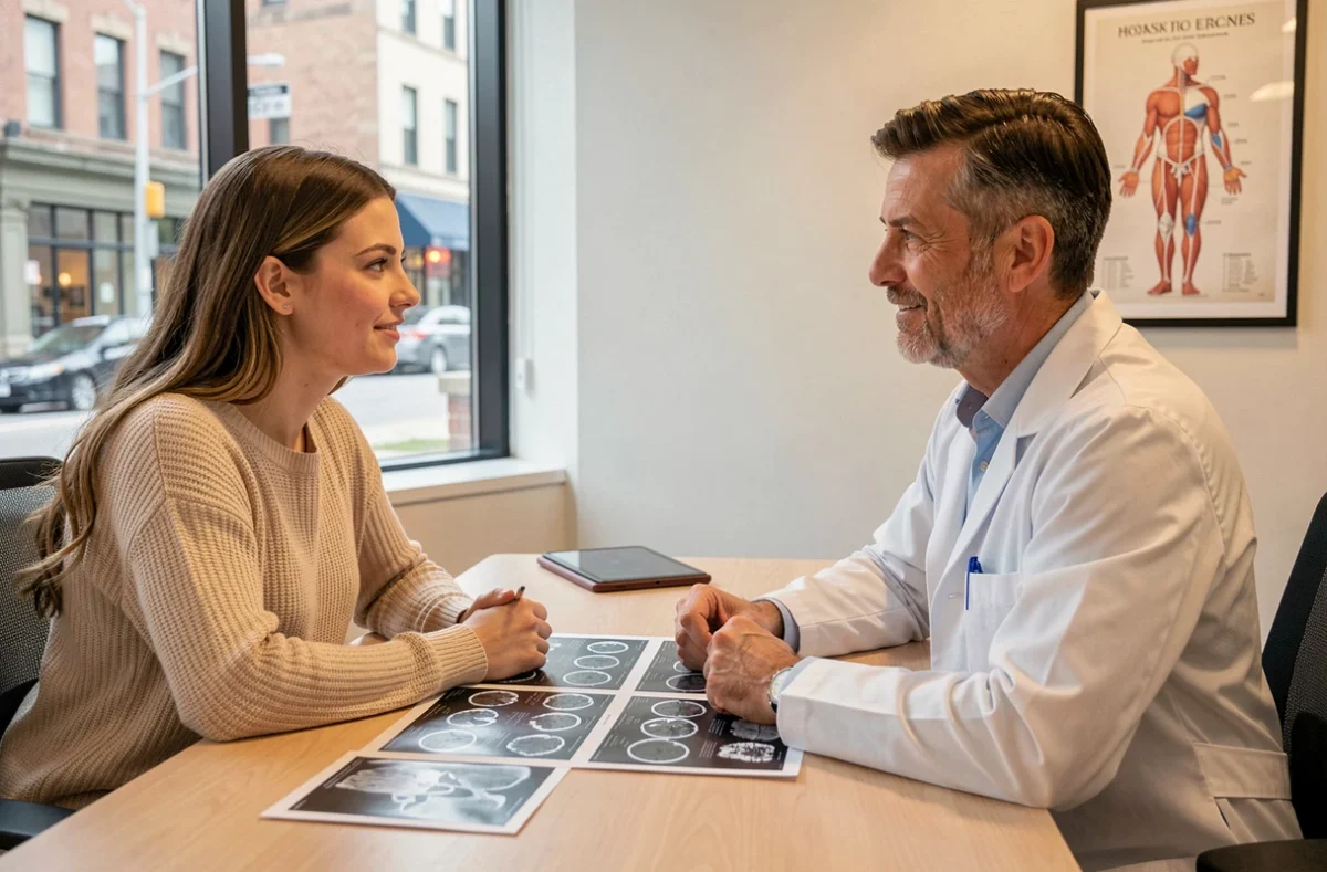 Consultation médicale entre radiologue et patiente autour de résultats d'imagerie médicale dans un cabinet moderne