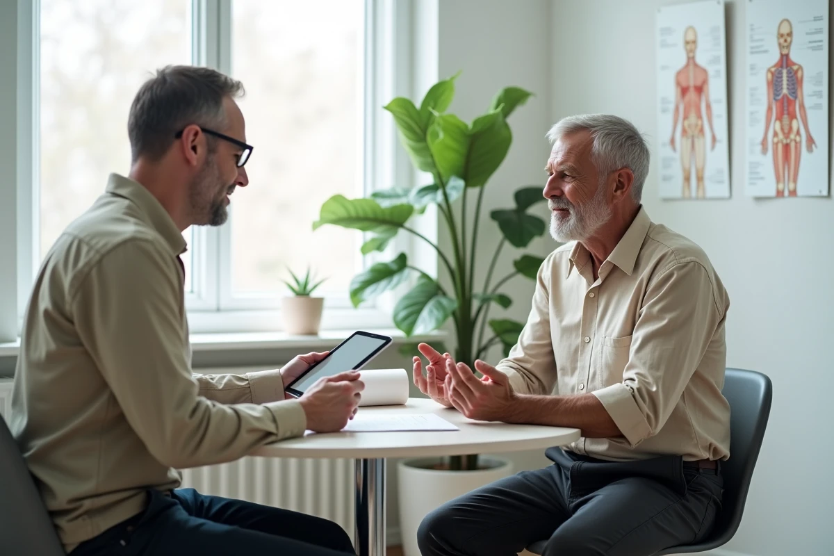 Patient atteint de polyarthrite rhumatoïde en consultation avec un rhumatologue spécialisé dans les spondylarthrites