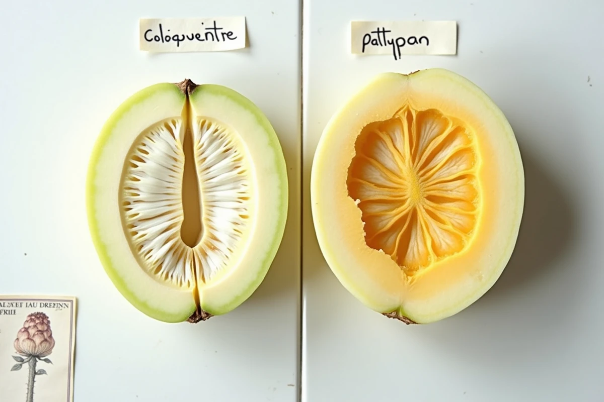 Coupe transversale comparant la chair d'une coloquinte toxique et d'une courge comestible pour identification botanique