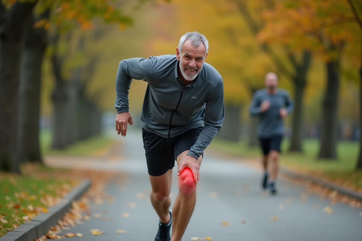 Coureur masculin s'arrêtant dans un parc urbain en automne pour tenir son genou interne douloureux, évoquant une tendinopathie de la patte d'oie chez le sportif