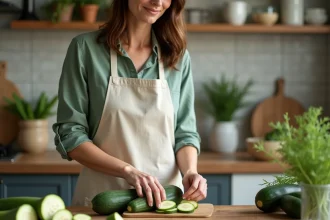 Femme coupant des courgettes fraîches sur une planche en bois dans une cuisine rustique, illustrant les bienfaits de la courgette au quotidien