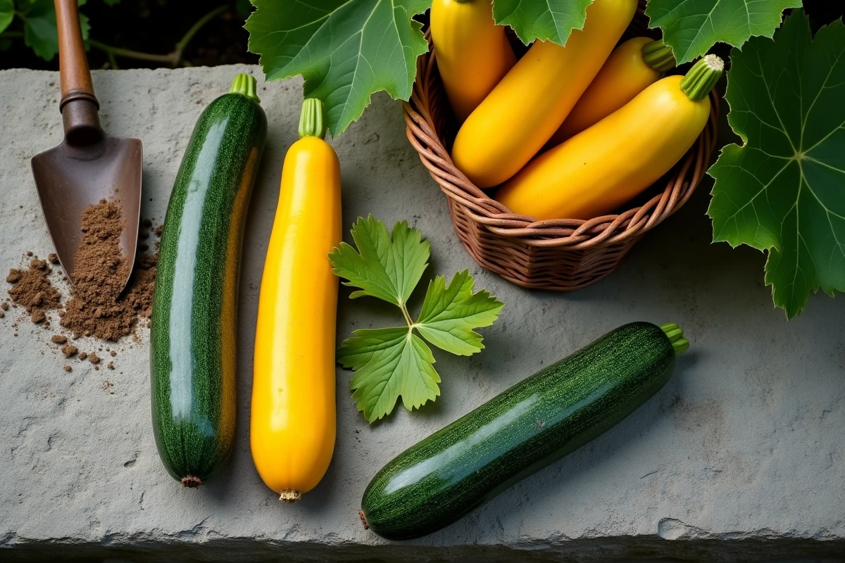 Courgettes fraîchement récoltées au jardin disposées sur une surface en pierre, mettant en valeur leurs bienfaits nutritionnels naturels