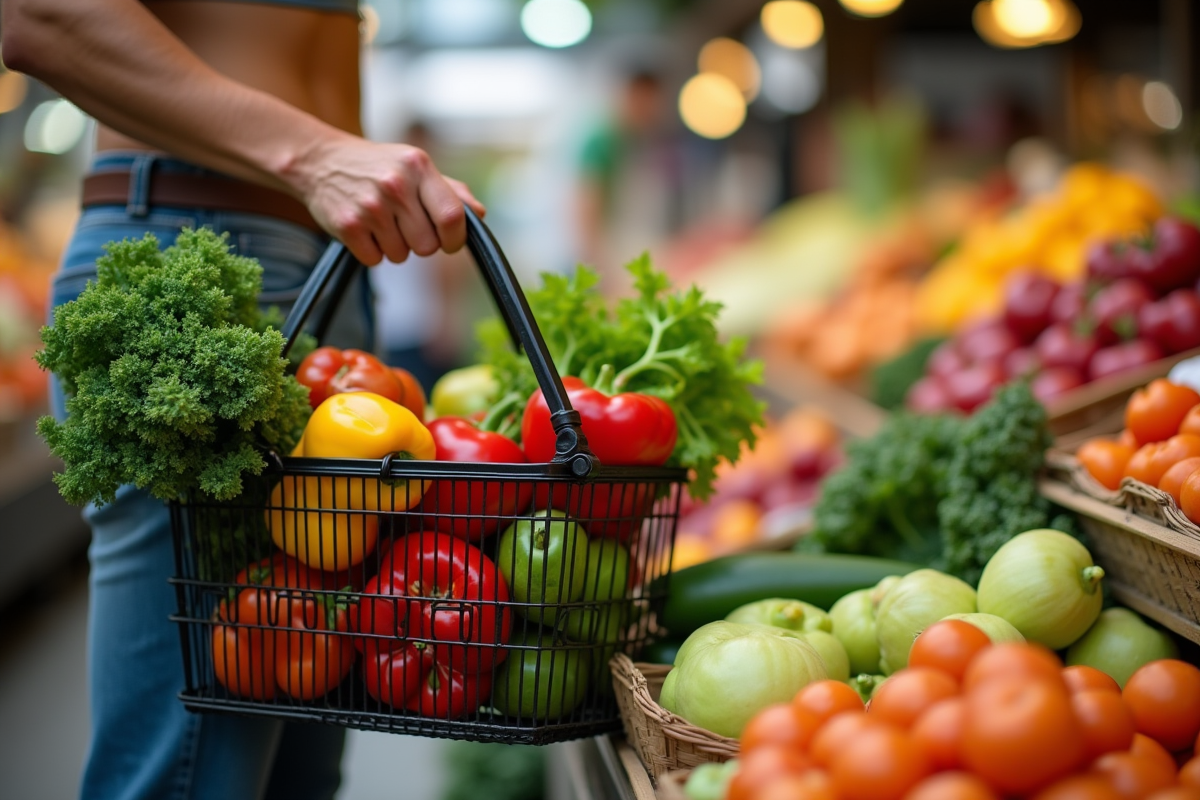 Personne en forme avec panier de légumes frais au marché