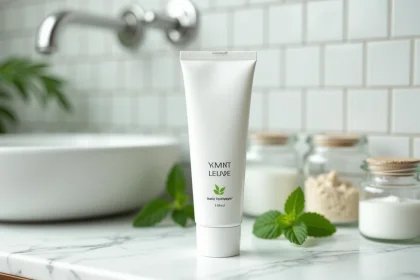 Tube de dentifrice bio The Smilist posé sur un comptoir en marbre avec des feuilles de menthe fraîche et des ingrédients naturels