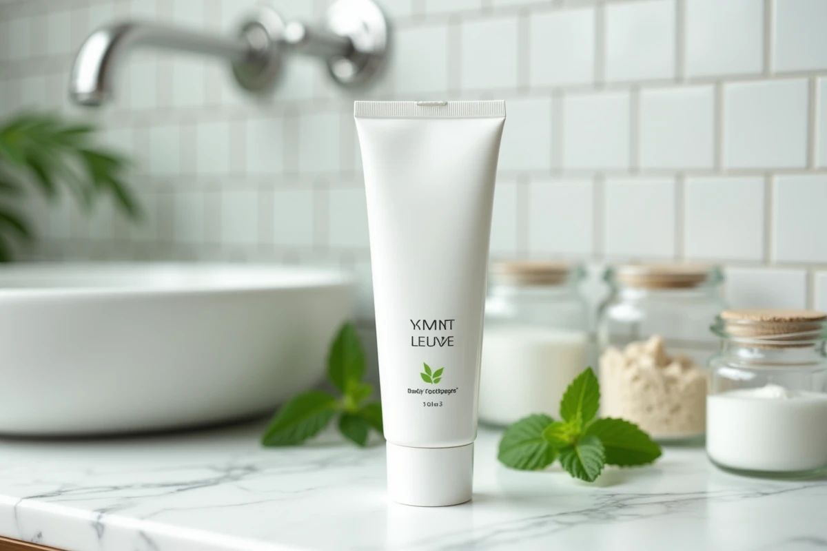 Tube de dentifrice bio The Smilist posé sur un comptoir en marbre avec des feuilles de menthe fraîche et des ingrédients naturels