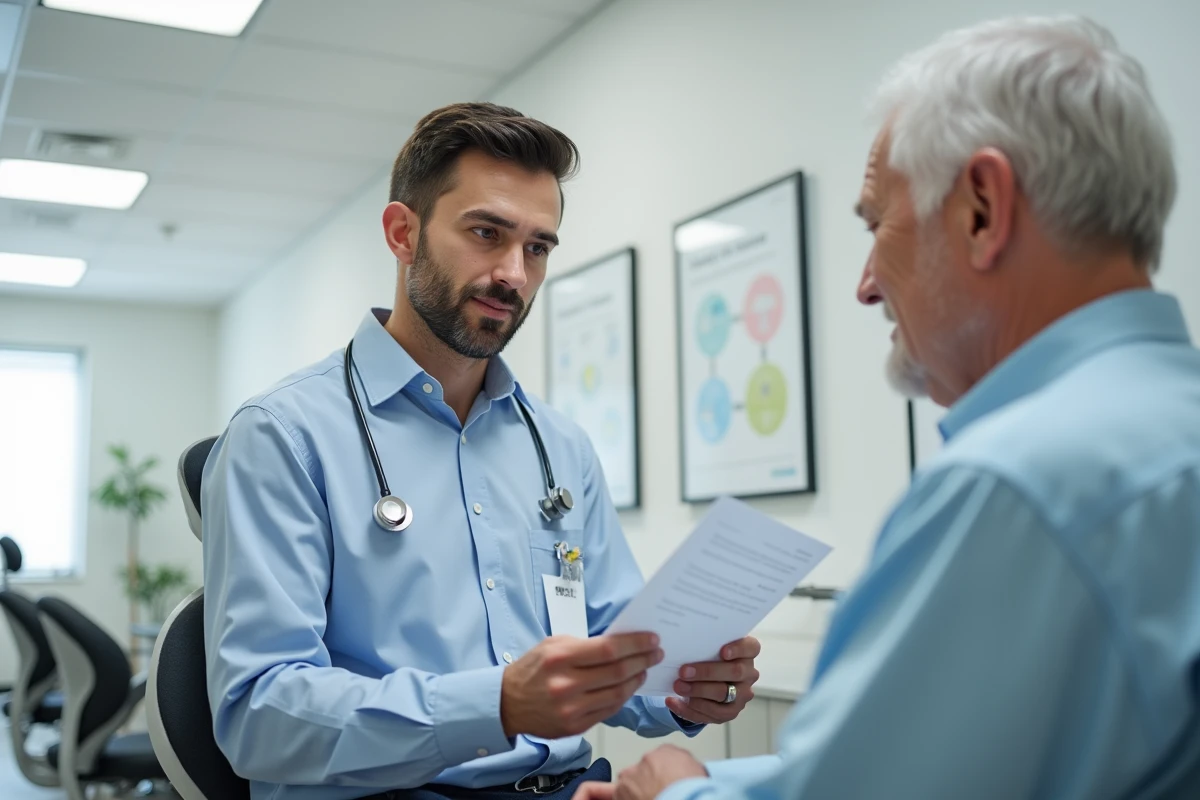 Dentiste expliquant des formulaires &agrave; un patient &acirc;g&eacute; dans une clinique